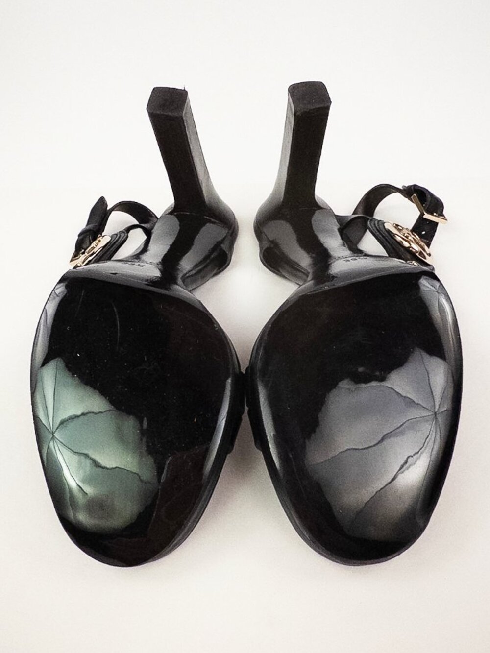 Gucci Double G Black Leather Ankle Strap Sandals Gold Logo Sz 39.5 - Picture 6 of 12